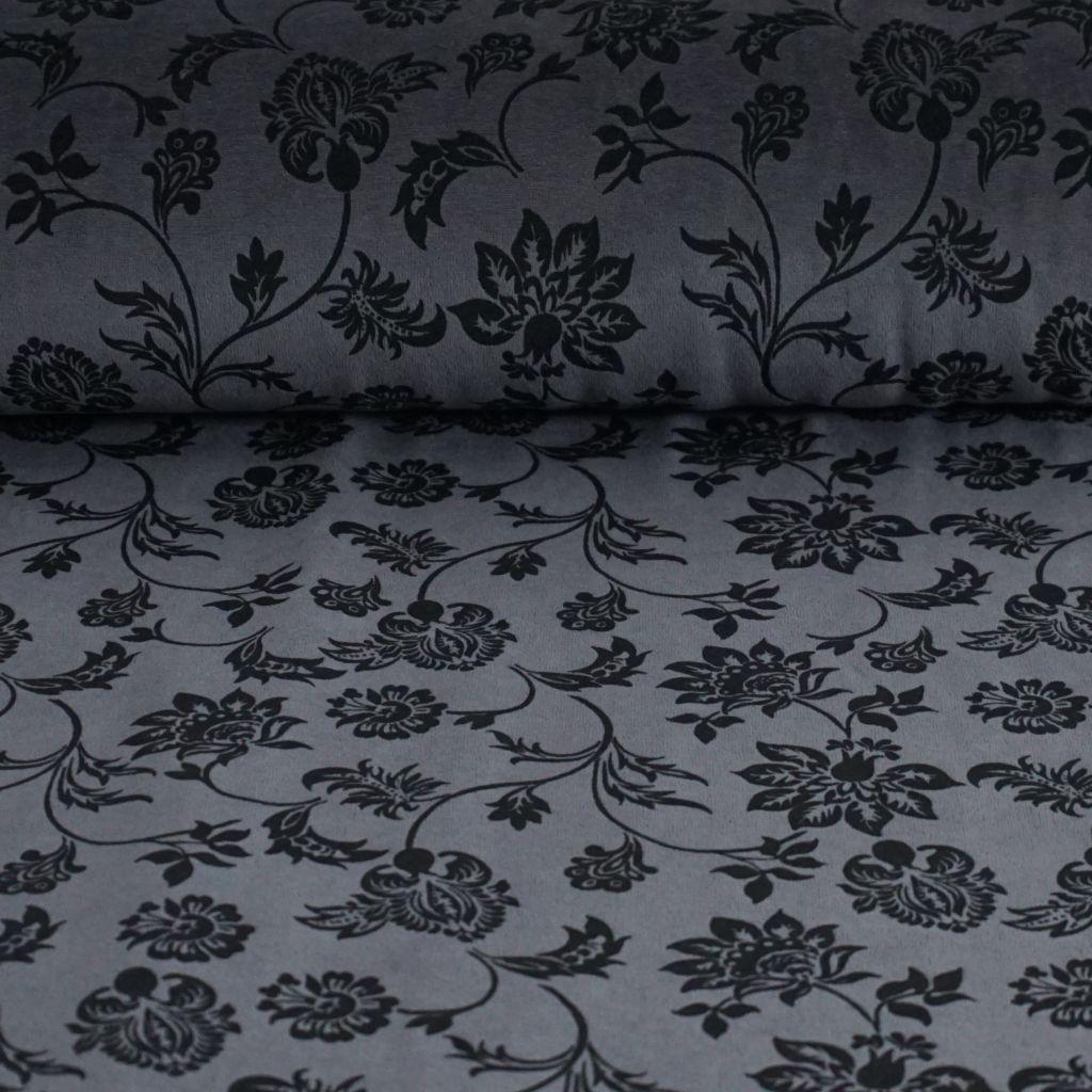 Preview: Nickistoff bedruckt Blüten Zweige grau schwarz